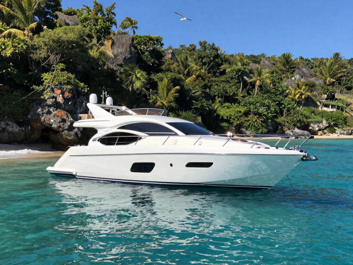 A luxury yacht anchored in a turquoise bay