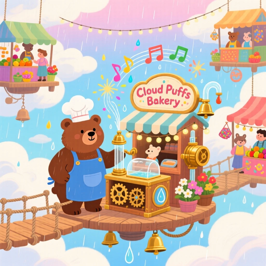In a floating market above the clouds, a bear who runs a bakery spends the day inventing a machine that turns raindrops into music, as gentle sparkles settle over the scene.