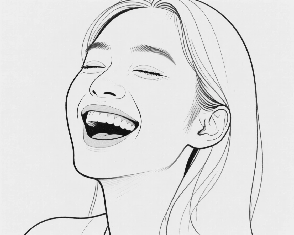 A portrait of a person laughing candidly with eyes closed