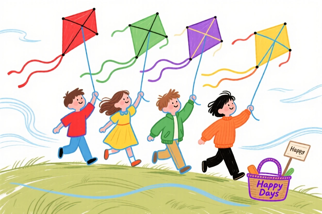A group of children flying kites on a breezy hilltop.