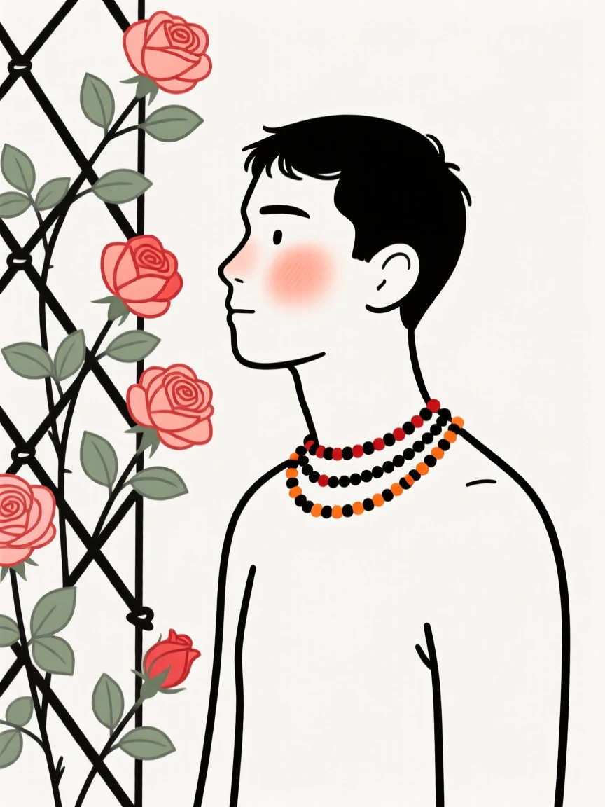 A young man of Brazilian heritage wearing a Maasai beaded collar, looking serene and at peace, beside a blooming rose trellis.