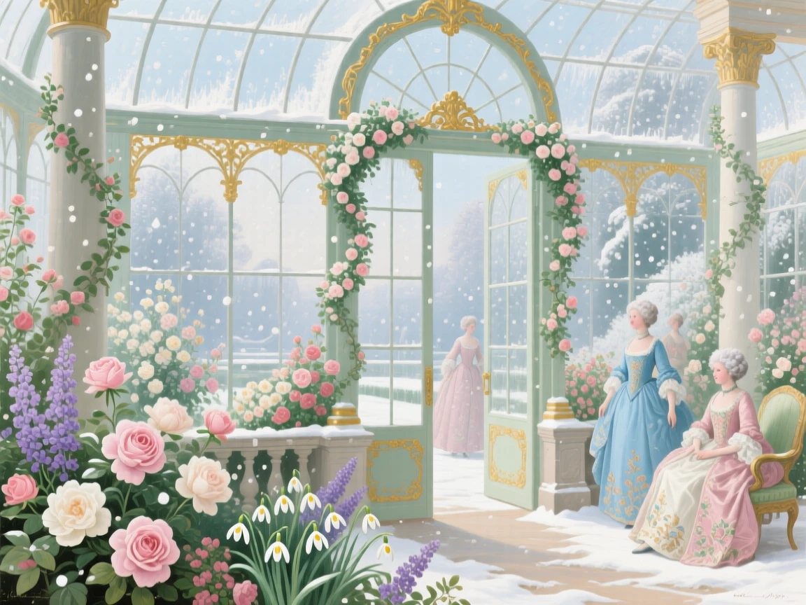 A winter palace greenhouse filled with blooming flowers and falling snow outside  