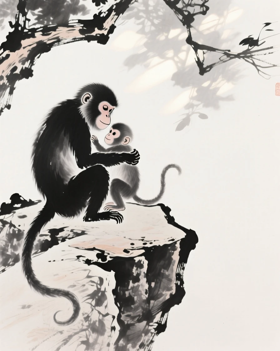 A mother monkey cradles her infant on a rocky ledge, as the afternoon sun filters through the trees.