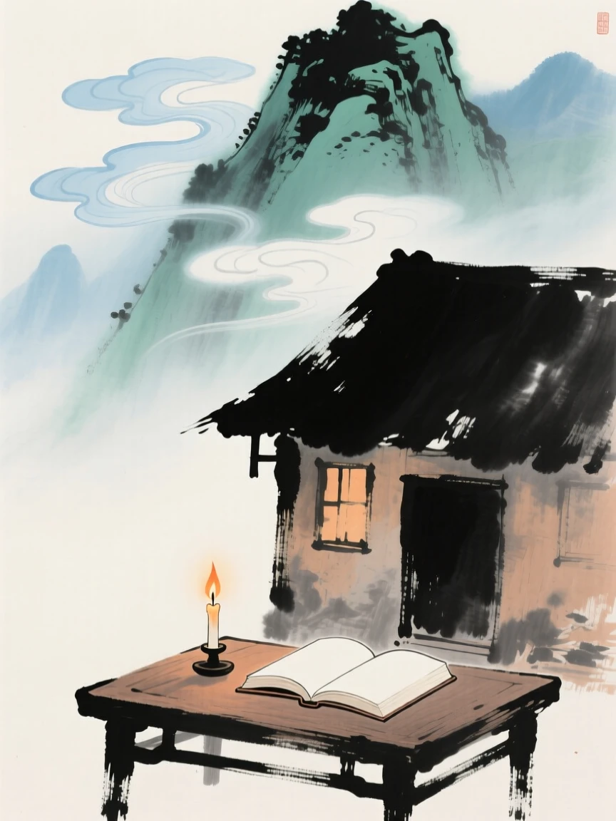 A single candle burning beside an open book in a mountain hut, through a light drifting mist, under drifting clouds, touched with gentle melancholy.
