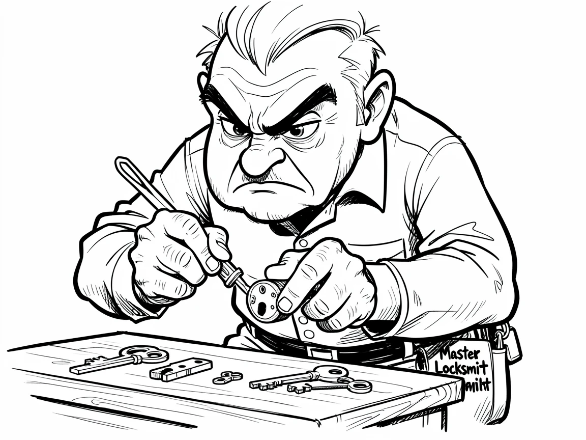 [Occupations & Hobbies] Detailed scene of a skilled locksmith picking a stubborn antique lock, showcasing skill and dedication