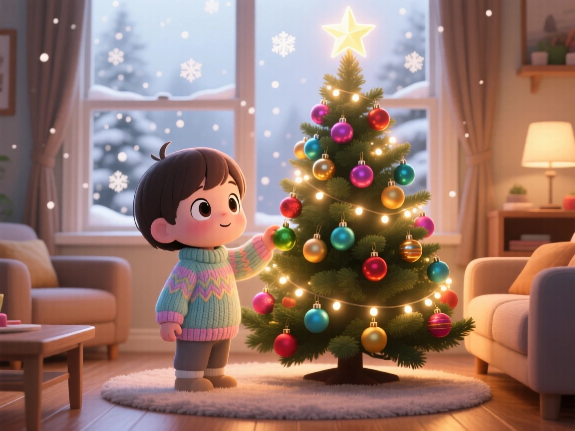 A small child in a knitted sweater hanging ornaments on a glowing Christmas tree in a warmly lit living room amid softly falling snow; diffused overcast light washes over the scene as curious excitement fills the moment. Symmetrical front-on view.