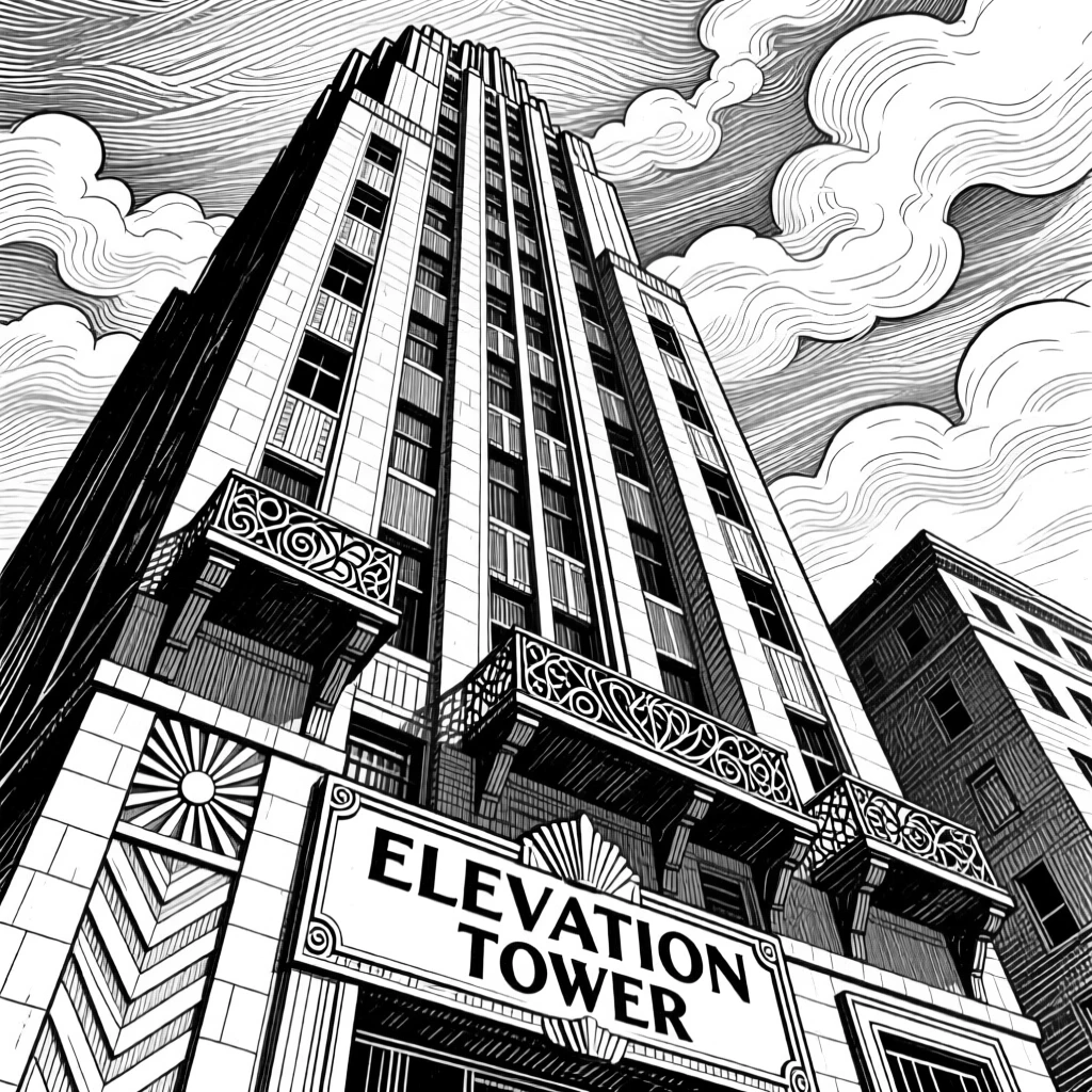 An art deco skyscraper facade under a dramatic sky, featuring wrought-iron balconies overhead, rendered in a majestic and imposing architectural composition.
