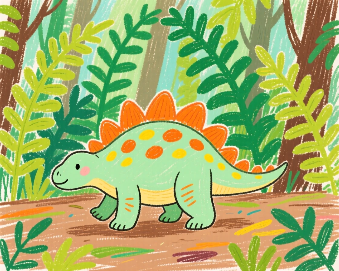 A young Stegosaurus wandering through a fern filled forest.