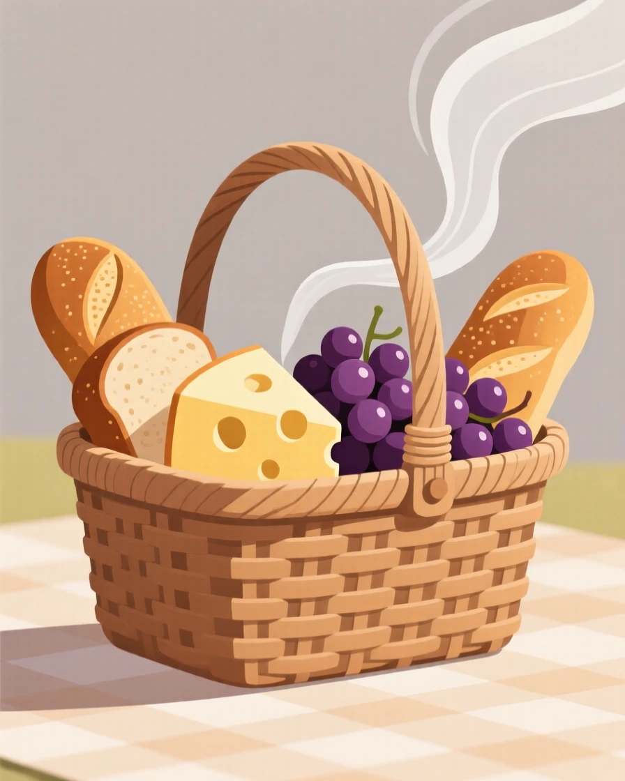 A picnic basket filled with fresh bread, cheese, and grapes, set against a backdrop of neutral, calming tones, arranged with balanced symmetry and calming negative space, with subtle steam rising to add a warm, lived-in feel.