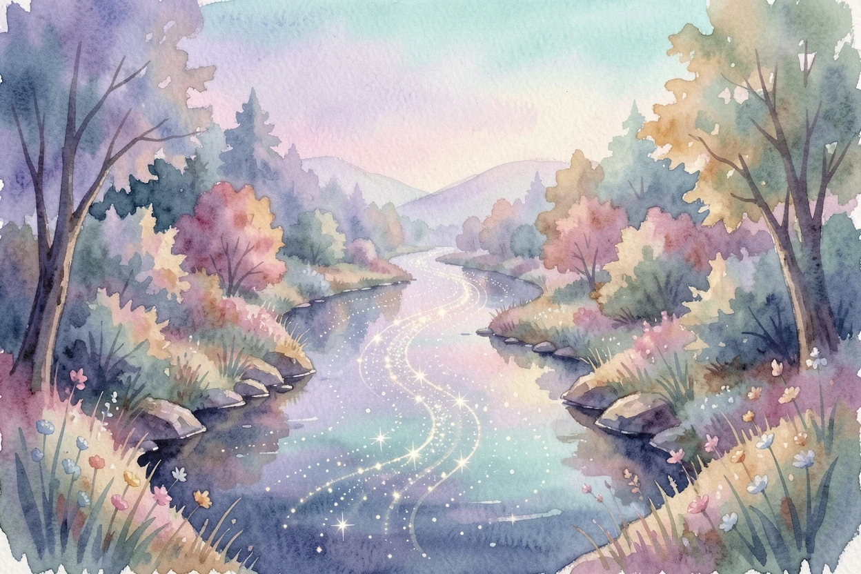 A river of stars flowing through a mystical valley bathed in soft magical light.