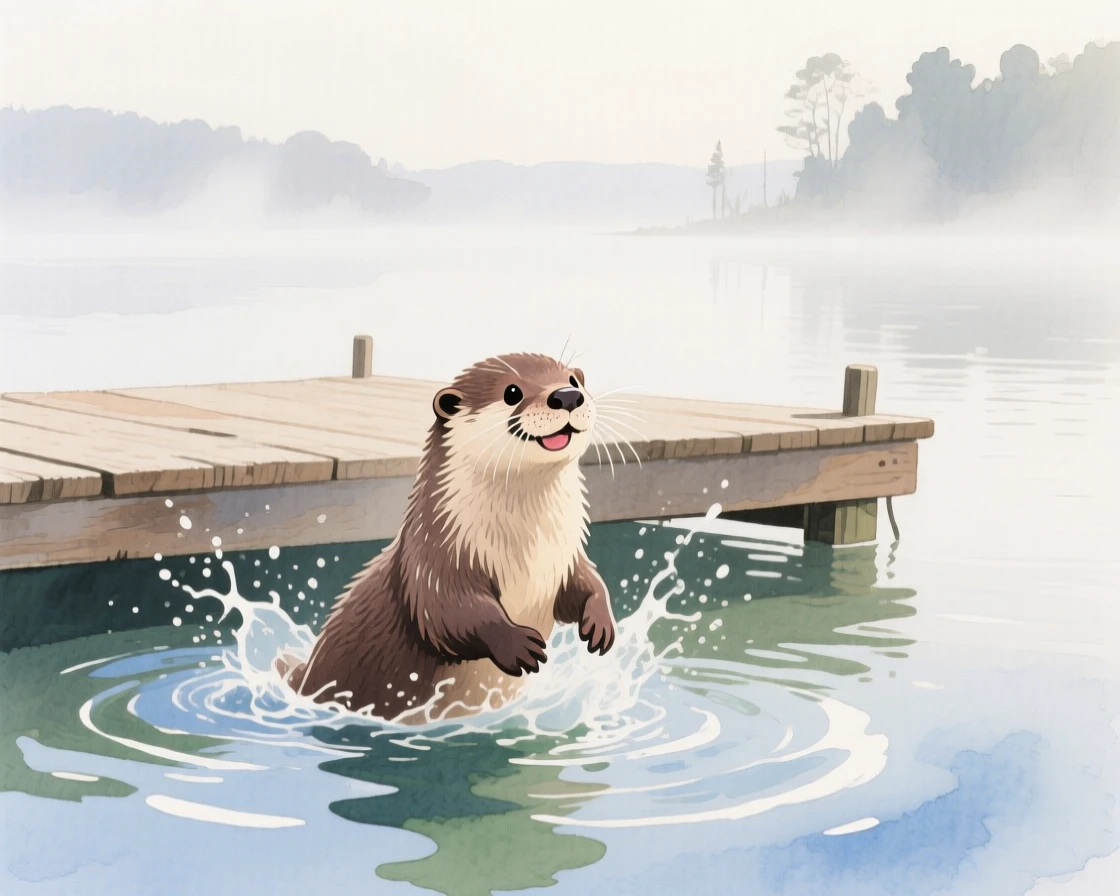 A baby otter splashes playfully in a quiet lakeside dock, as morning mist rises in the background