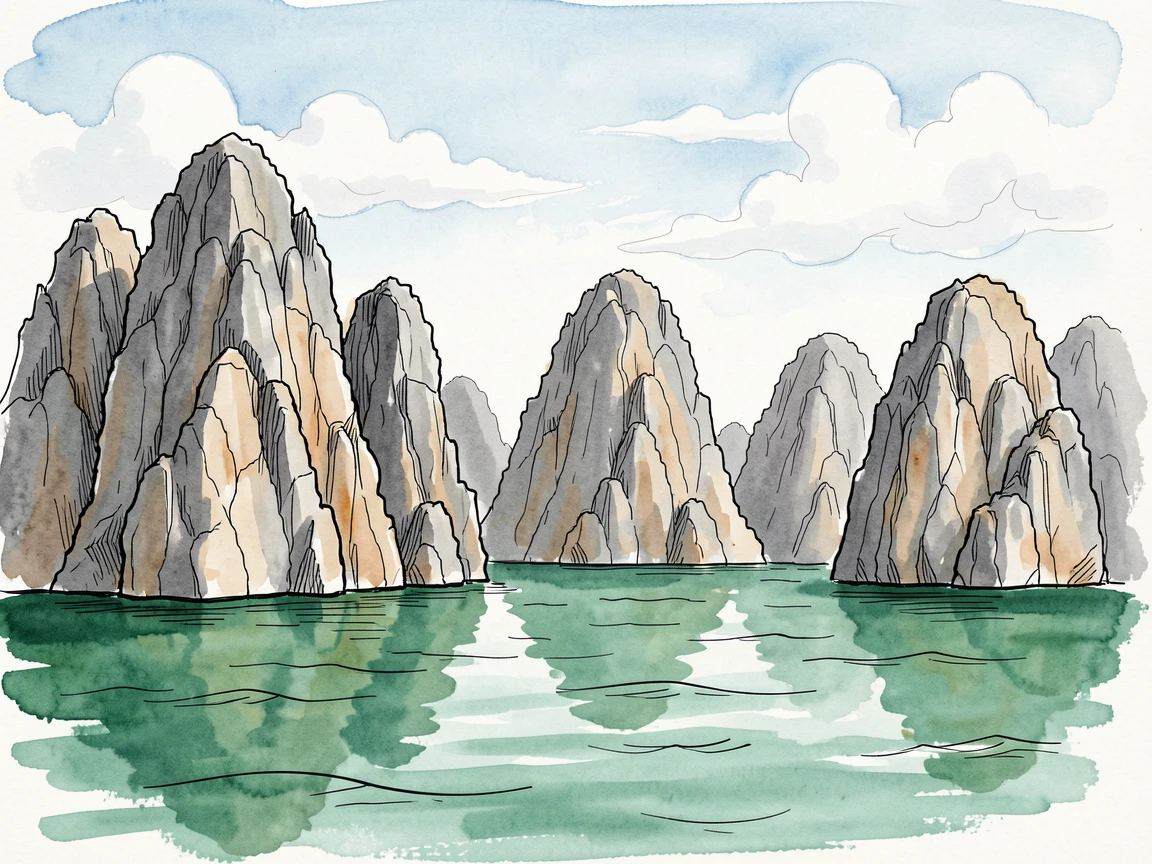 A limestone karst landscape rising from still emerald water, clouds drifting slowly across an otherwise clear sky.