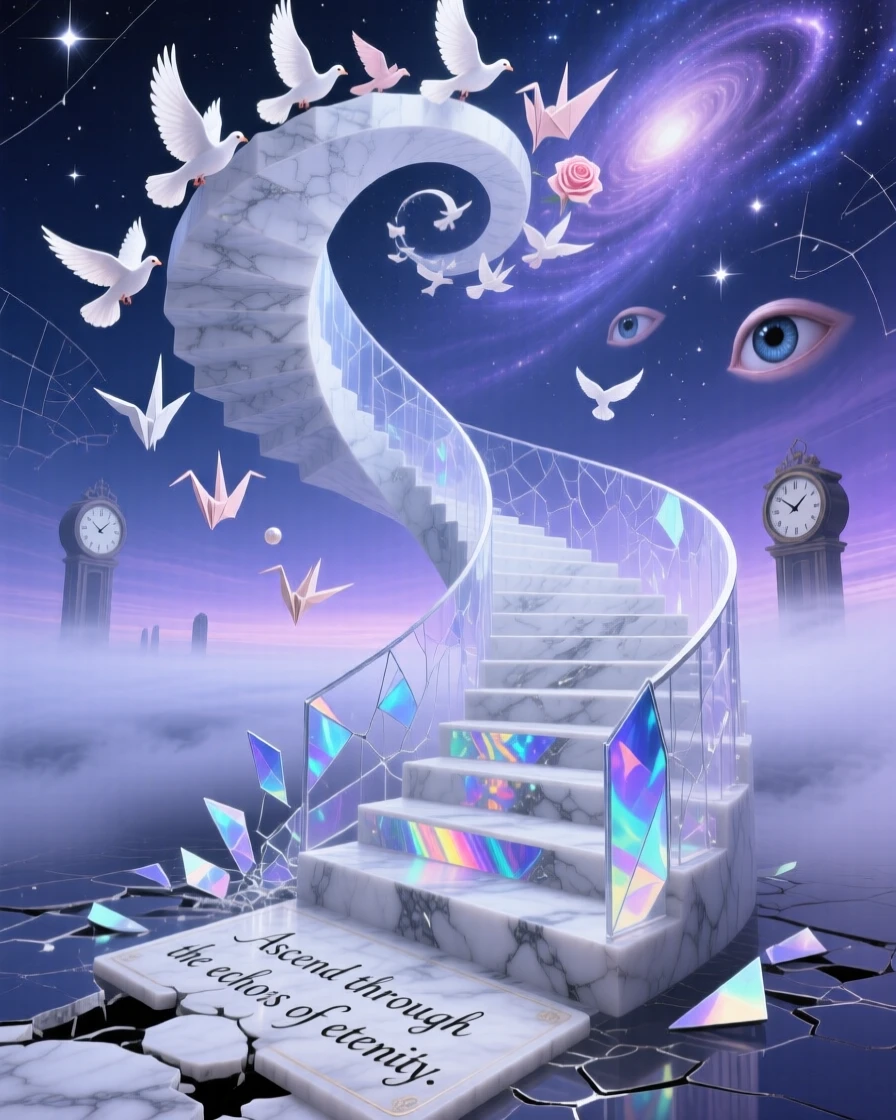 A spiral staircase carved from pale marble stretches farther than the eye can follow, and a spiral of doves circles above it.