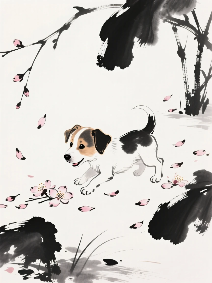 A puppy plays among fallen blossoms in a garden, as a gentle breeze stirs the surrounding leaves.