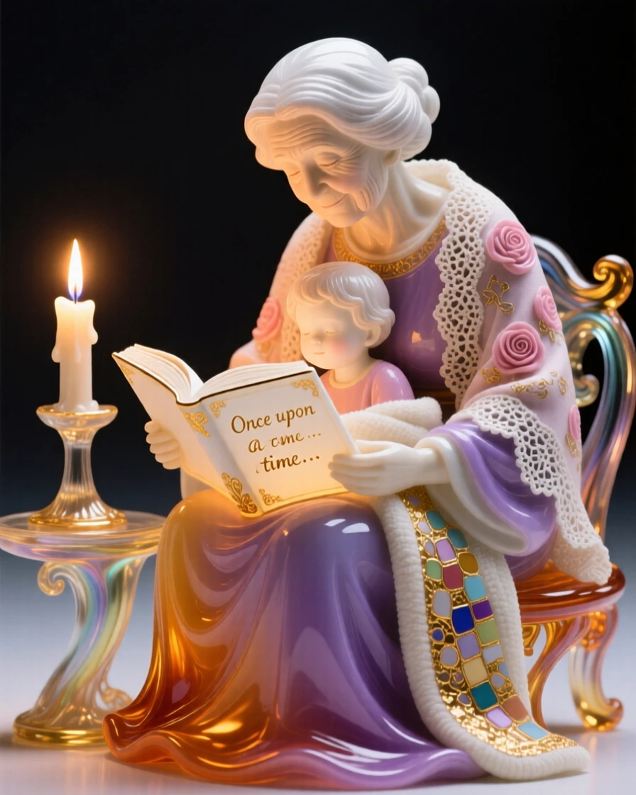 A gentle grandmother reading a bedtime story to a child by candlelight, tender and heartwarming.