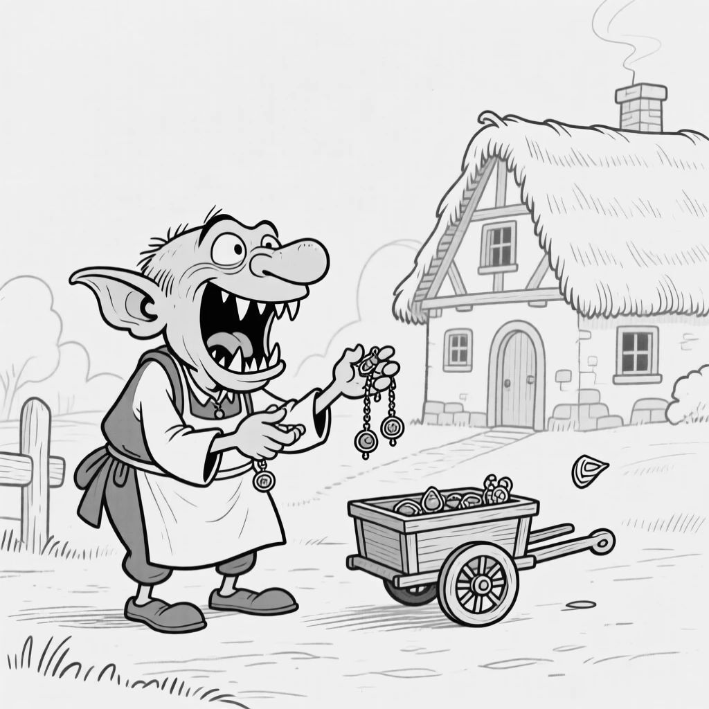 A goblin merchant haggling animatedly over tiny trinkets, yawning wide enough to reveal a mouth full of crooked teeth, set on the outskirts of a tiny thatched-roof village. A tiny cart wheel spins uselessly in the air. It feels like a page pulled from a beloved fairy tale.