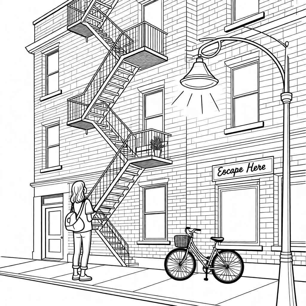 A fire escape staircase zigzagging up a brick apartment building, with a warm golden light bathing the scene.
