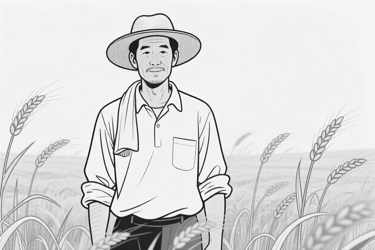A portrait of a farmer standing in a golden wheat field