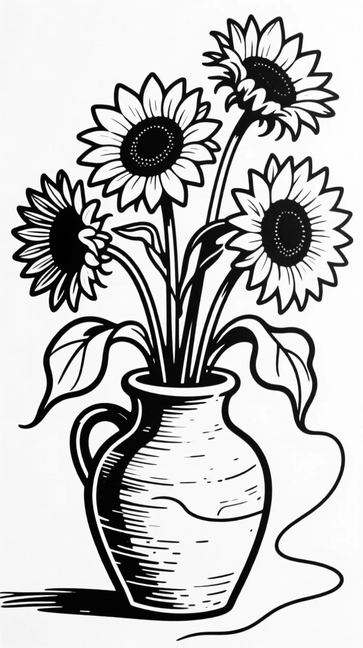 A bouquet of sunflowers in a rustic ceramic vase.