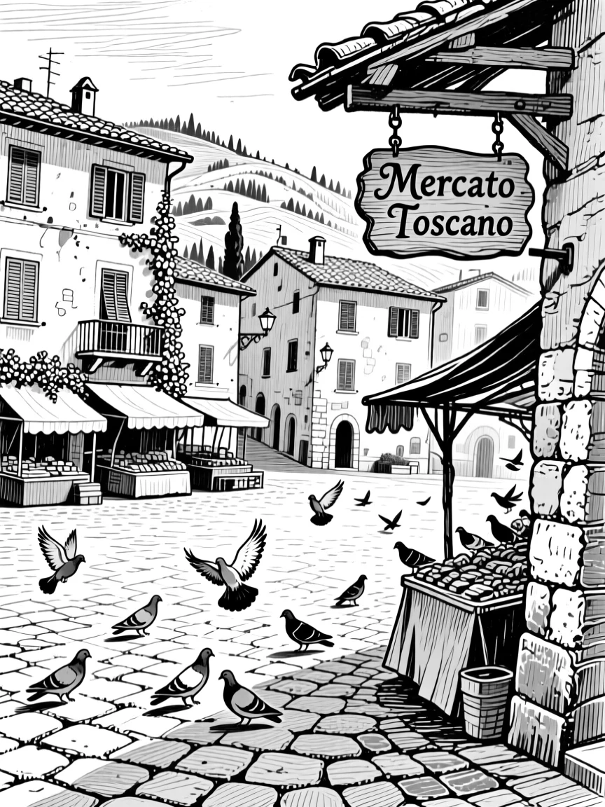 A tuscan hillside village as pigeons scatter across the square, featuring market stalls tucked into the corners, rendered in a quietly charming architectural composition.