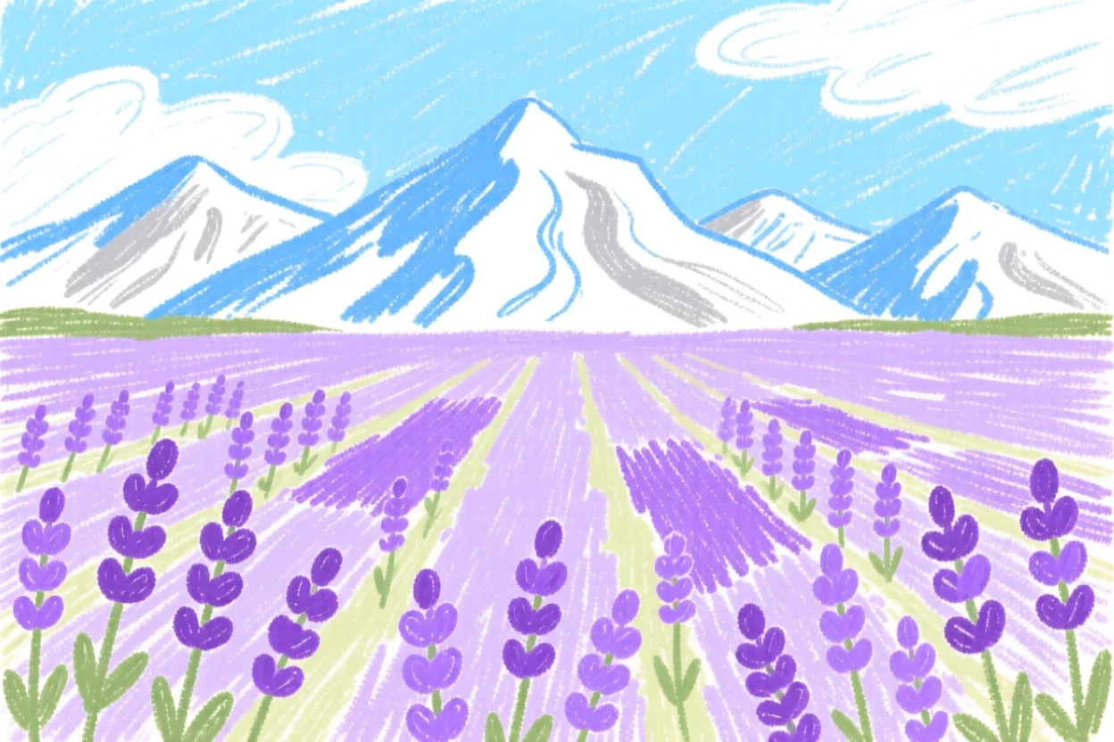 A view of a lavender field framed by distant snow capped mountains.