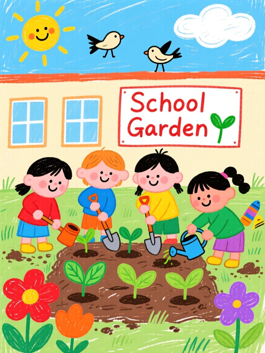 A group of children planting a school garden to learn about plants.