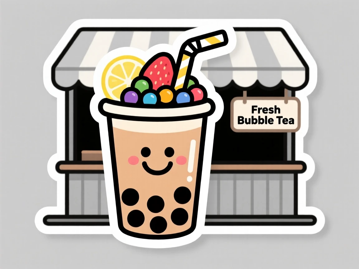 A beautifully garnished cup of bubble tea with a smiley face design, with a bite already taken out of it, at an outdoor market stall.