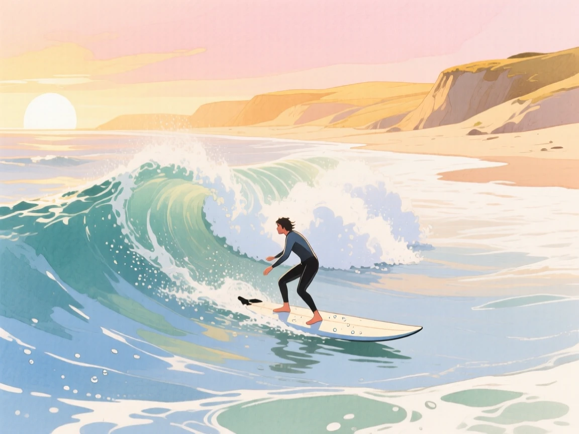 A surfer paddles out toward a rolling wave as the sun rises over a golden coastline