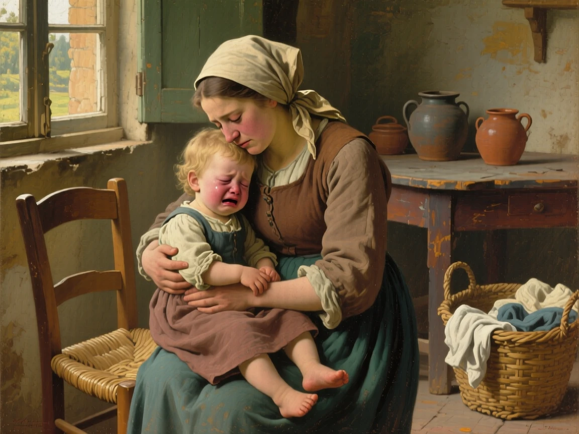 A mother comforting her crying toddler with a gentle embrace, captured in a candid, unposed moment of togetherness, designed to remind viewers of their own cherished family memories
