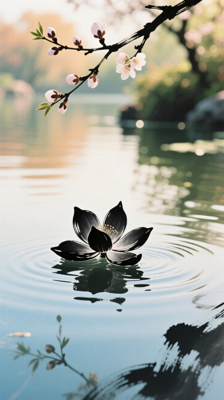 A single blossom floating on the surface of a still pond, as spring blossoms unfold, in the soft light of late afternoon, radiating gentle serenity.
