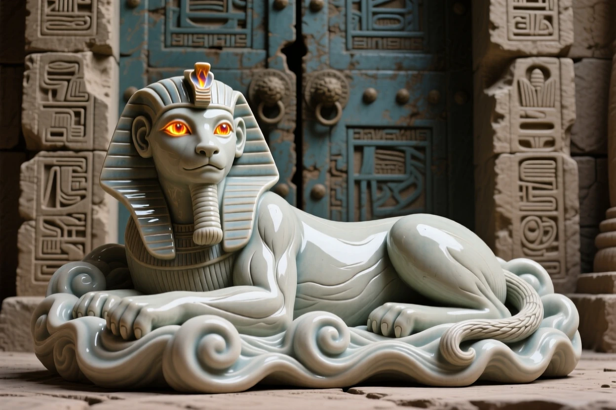 A sphinx reclining before an ancient gate curled peacefully in a nest of clouds, its eyes glowing with an inner fire, capturing the enchantment of forgotten legend.