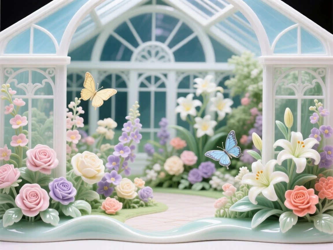 A sprawling botanical greenhouse garden in full bloom, dotted with fluttering butterflies.