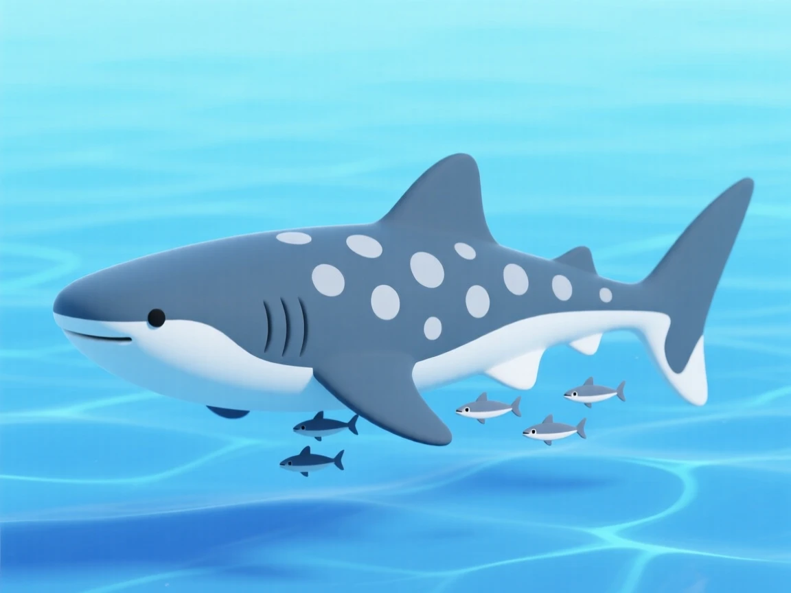 A gentle whale shark glides slowly through clear blue water, remora fish trailing along its massive spotted body.