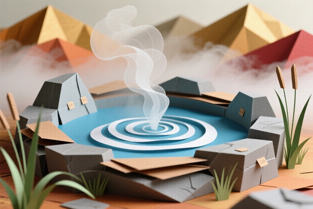 A steaming geothermal hot spring in soft drifting morning mist, with mist curling low across the water, capturing the fleeting beauty of the changing season.