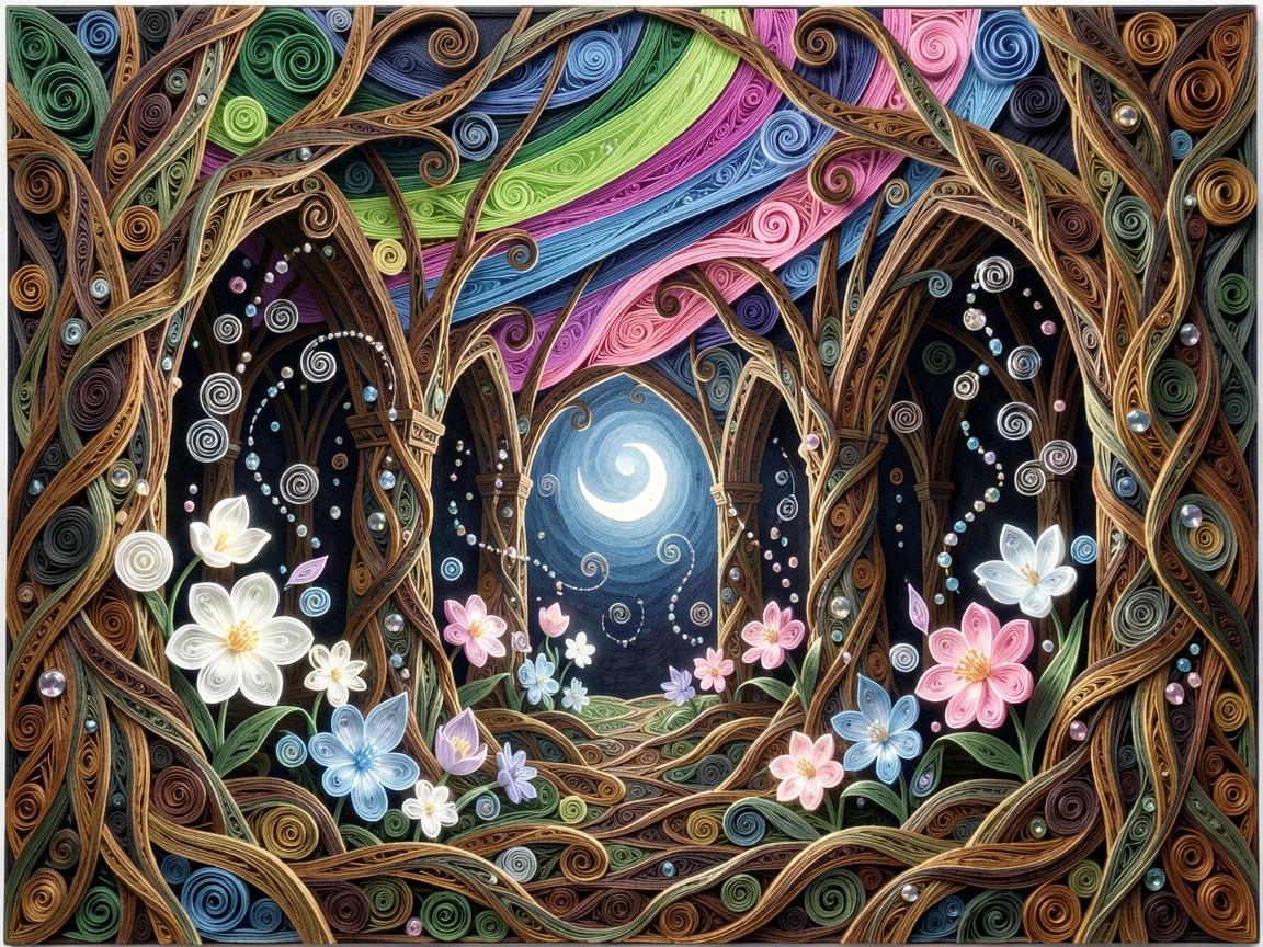 a moonlit garden where flowers glow softly at night, within a cathedral of ancient twisted roots, composed with swirling magical particles filling the air, under a sky painted in shifting aurora colors.