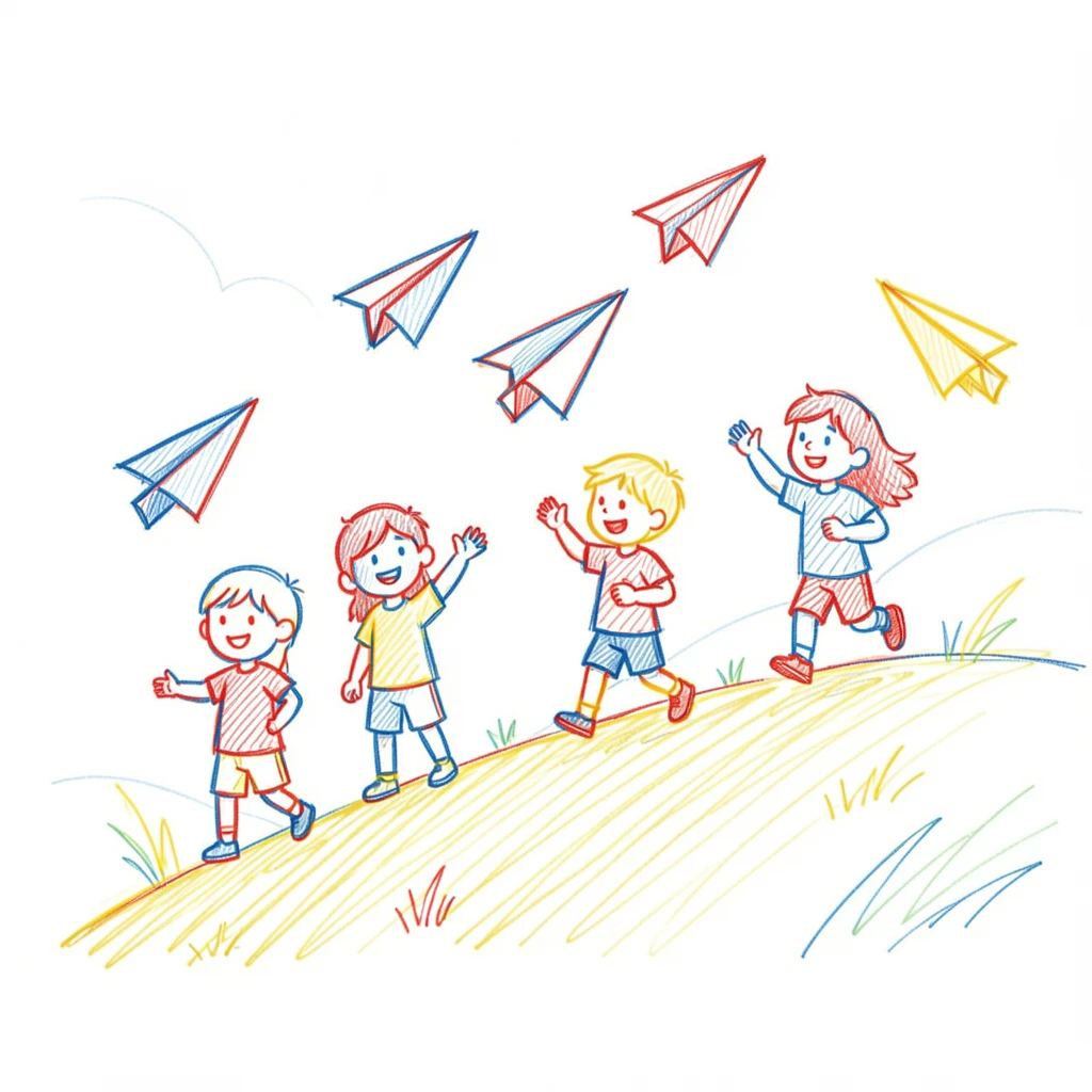A group of children flying paper airplanes off a hillside