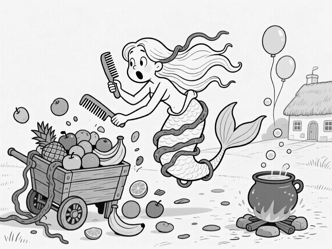 A mermaid tangled in seaweed while combing her hair, tripping and knocking over an entire fruit cart, set on the outskirts of a tiny thatched-roof village. Bubbles from the cauldron float up like little balloons. It's a whimsical moment that feels both magical and silly.