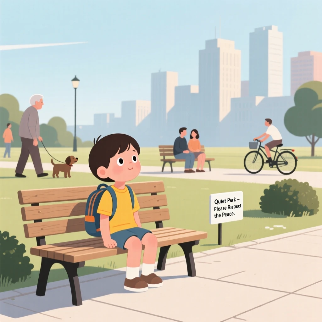 A small child people-watching from a bench on a quiet weekend afternoon in the city.