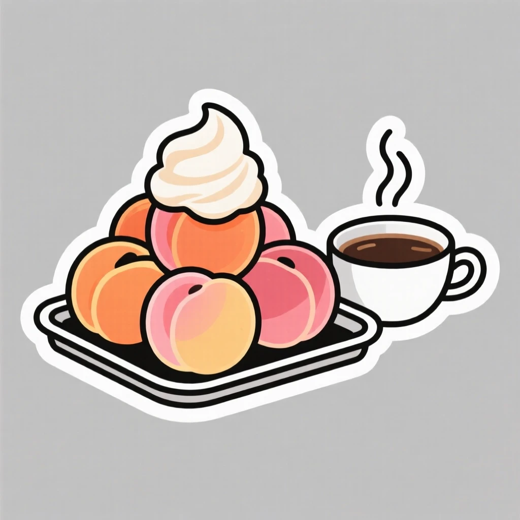 A fresh and juicy cluster of ripe peaches, topped with a dollop of whipped cream, on a tray beside a cup of coffee.