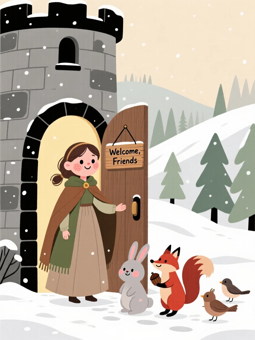 A young princess stands at the door of a stone tower tucked into a snowy forest, welcoming a group of woodland animals inside from the cold.