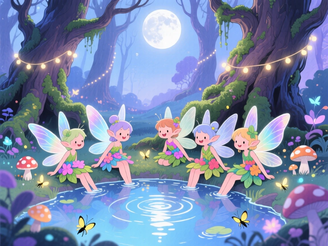 A playful group of fairies resting beside a crystal-clear pond under moonlight, in an ancient magical grove, evoking awe and quiet enchantment.