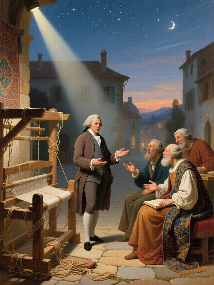 A scholar deep in debate with fellow philosophers in a sunlit courtyard as if pulled directly from a cherished tale, set beneath a canopy of stars over a sleepy village square, with an old wooden loom, tangled threads, and a half-finished tapestry; a diagonal beam of moonlight highlights the pivotal narrative moment, filled with romance, imagination, and quiet drama.