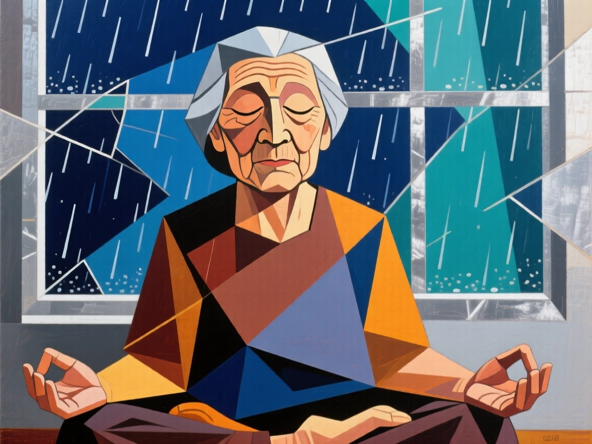 A candid medium shot of a grandmother of Korean heritage closing her eyes in peaceful meditation, beside a rain-streaked window.