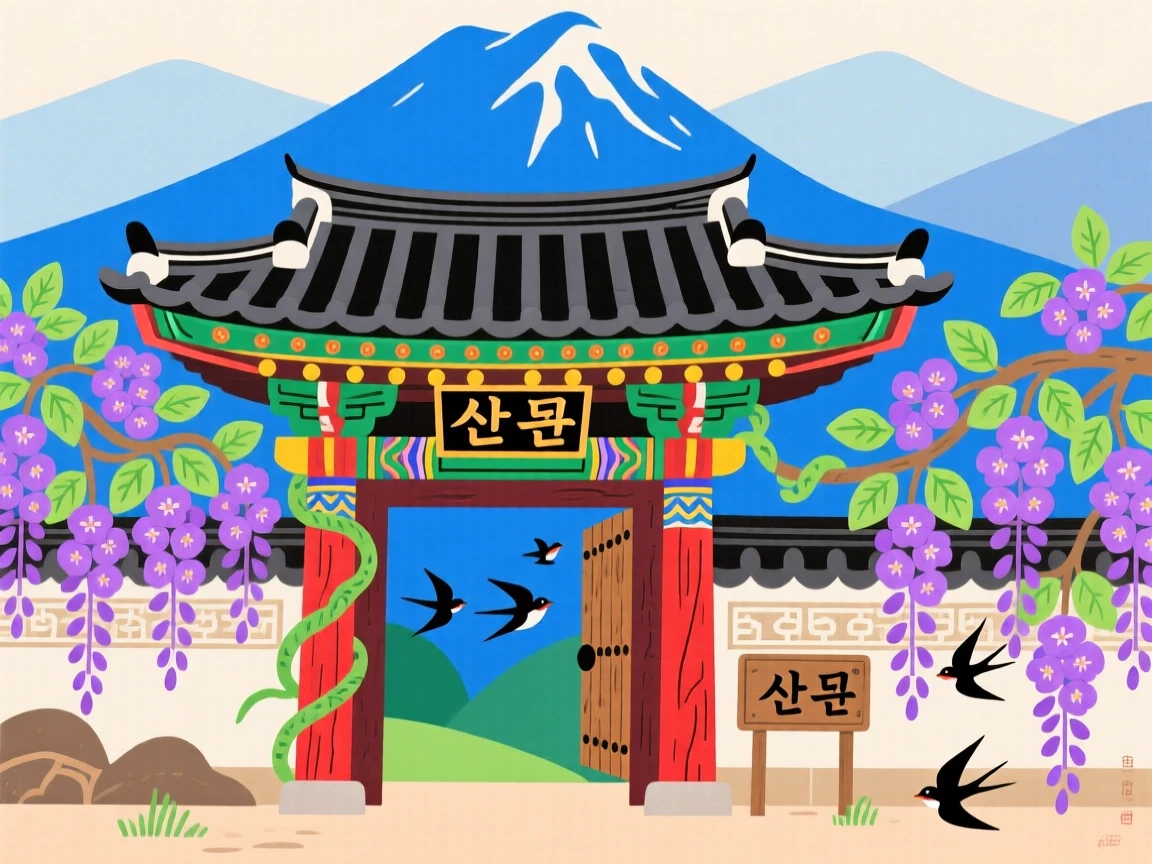 A view of a mountain temple gate, surrounded by blooming wisteria.