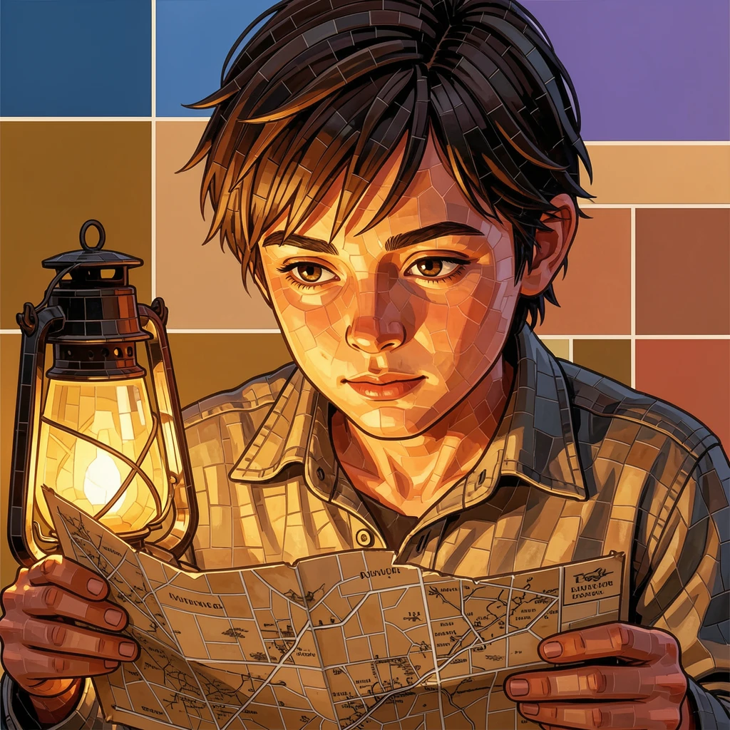 A close-up emotional portrait of a young explorer studying an old map by lantern light, with striking eyes and gentle expression.