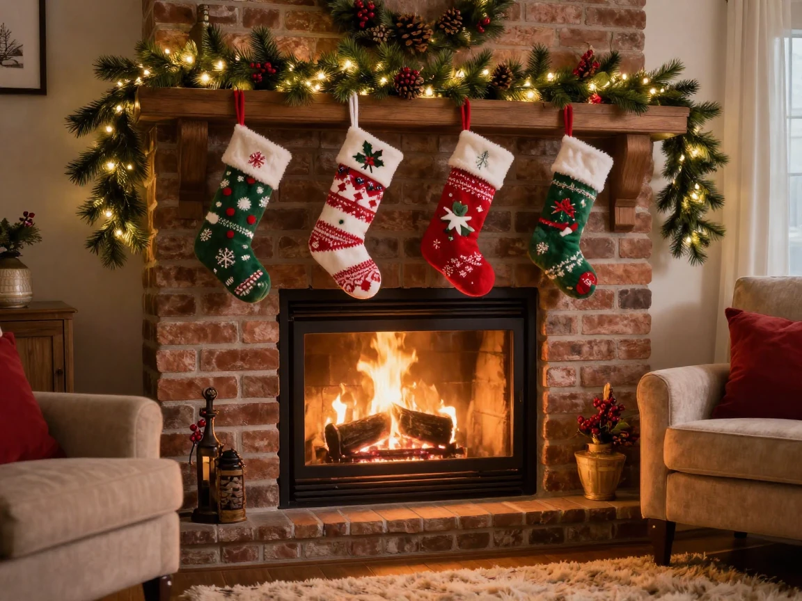A cozy fireplace with stockings hung for the holidays