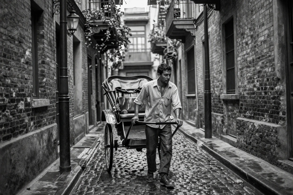 A rickshaw puller navigates a maze of narrow lanes through an old quarter of the city.
