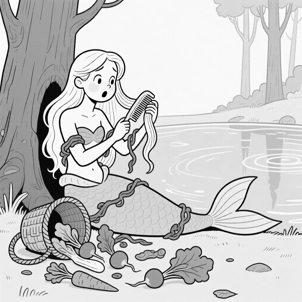 A mermaid tangled in seaweed while combing her hair, ducking back behind the tree after being spotted, set beside a crystal-clear forest pond. A basket lies overturned, vegetables scattered everywhere. It feels like a page pulled from a beloved fairy tale.