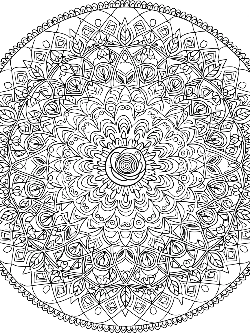 A symmetrical mandala of vines and leaves spiraling into a center rose.