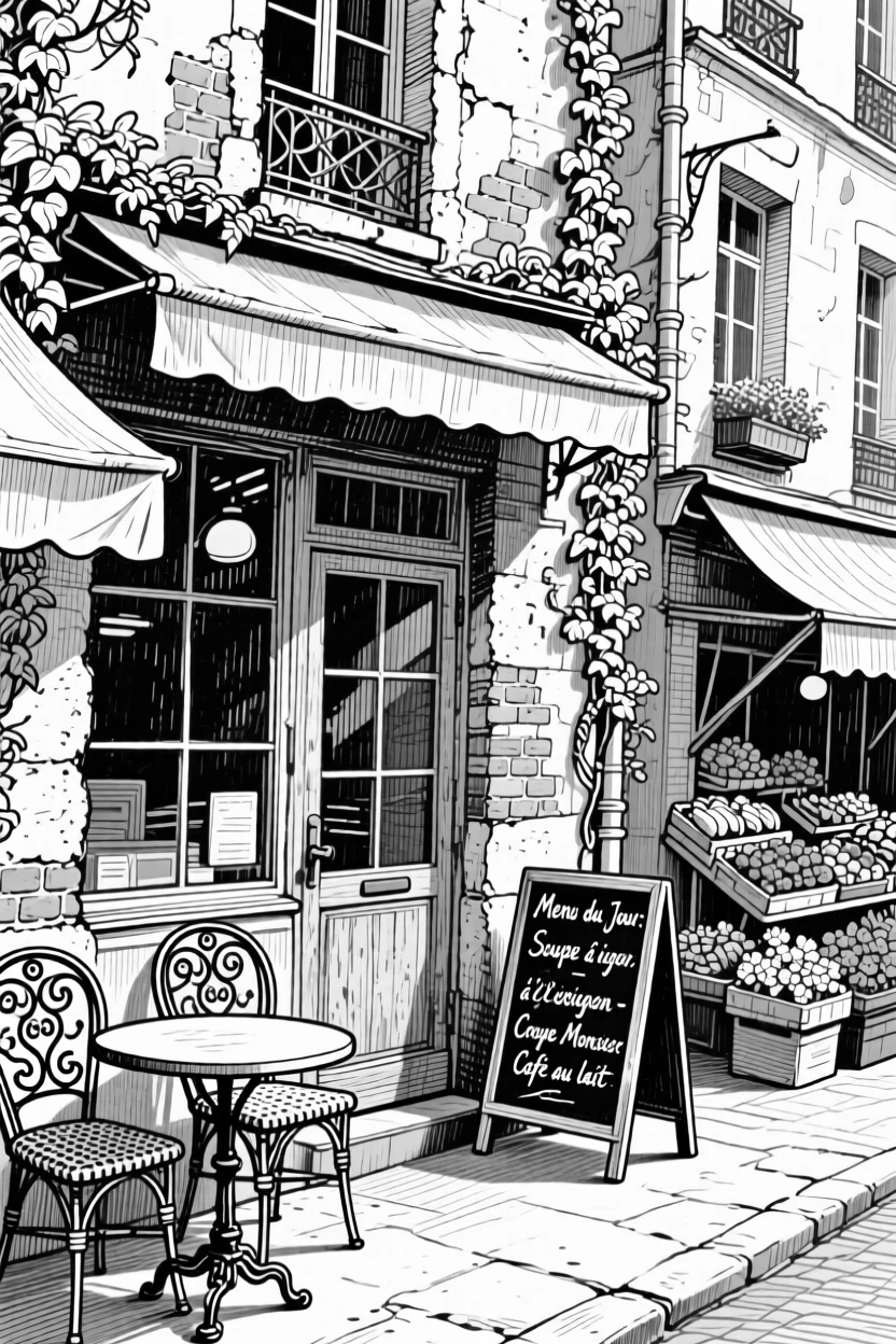 A parisian street cafe with ivy climbing its weathered walls, featuring market stalls tucked into the corners, rendered in a warmly nostalgic architectural composition.